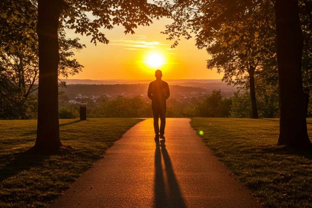 Homem caminhando em parque ao pôr do sol simbolizando tranquilidade.