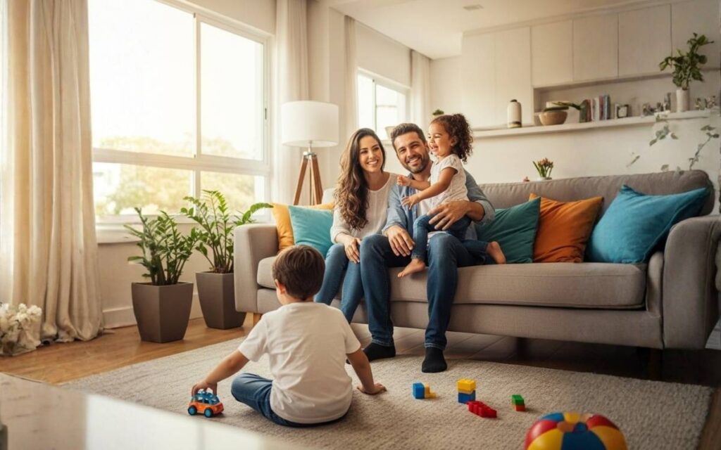 Família reunida e feliz dentro de casa, representando segurança e conforto.