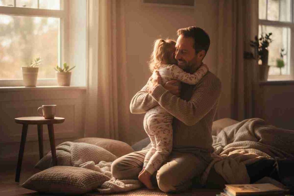 Pai abraçando filha simbolizando proteção e amor familiar.