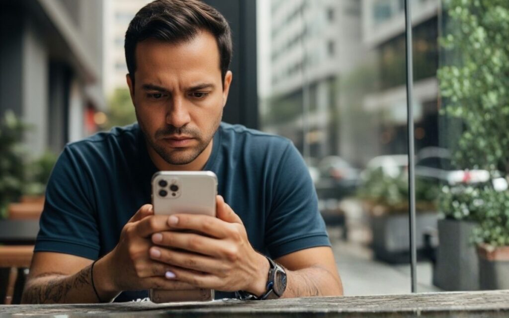 Homem preocupado olhando o celular, representando necessidade de suporte imediato.