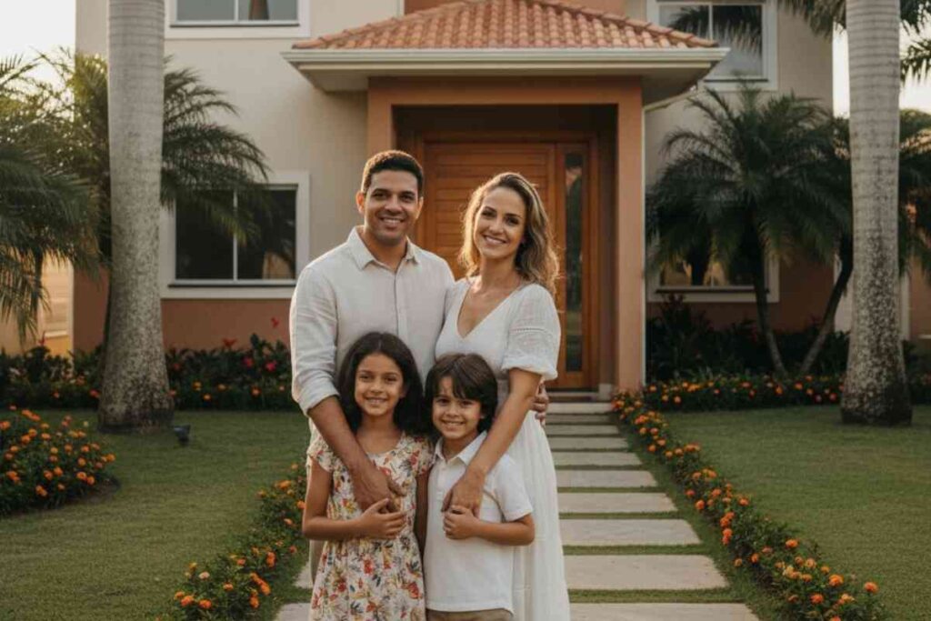 Família feliz em frente à casa simbolizando segurança residencial.