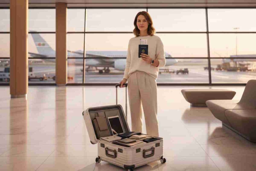 Mulher no aeroporto com passaporte e mala, pronta para viajar com segurança.